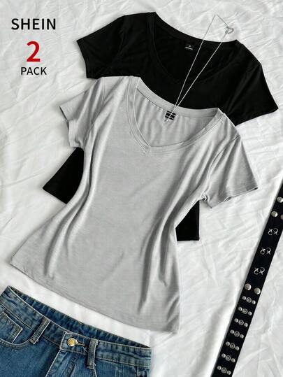 Teen Girl Plain V-Neck Short Sleeve Casual T-Shirt, Summer