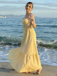 MainGRL Yellow Plaid Twist Bandeau Backless A-Line Flowy Dress, Suitable For Beach, Dates, Daily Wear, Spring/Summer - Light Yellow - View 5