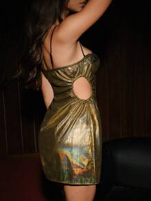 1 件性感金箔印花弹力镂空抽绳内衣吊带睡衣，Rave - 金色 - 查看 8