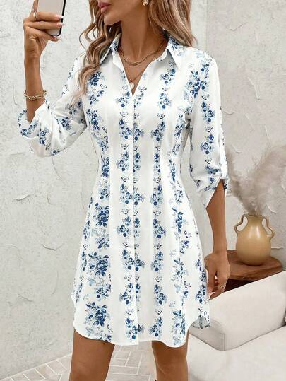 SHEIN Clasi Women's Elegant Blue & White Floral Print Collared Button Decor Waist Cinched A-Line Adjustable Sleeve Length Mini Dress, Suitable For Summer Vacation, Commute, Date, And Home Wear Women Shirt Dress Blue And White Floral Dress French Style Dress Long Sleeve Summer Dress Blue And White Dress Women Womens Shirt Dress Vacation Dress Elegant Shirt Dress