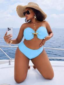 Slaydiva Bộ đồ bơi Tankini hai dây màu trơn cỡ lớn cho nữ - Màu xanh nhạt - Xem 4