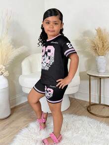 女童休闲日常数字印花针织上衣和打底裤套装 - 黑色 - 查看 2