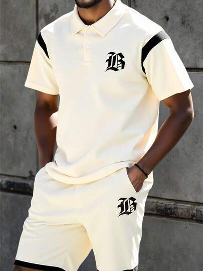 2pcs/Set Teenage Boys Casual Printed Sleeve Contrast Color Design Polo Shirt Set, Suitable For Daily Commute, Leisure And Sports Wear