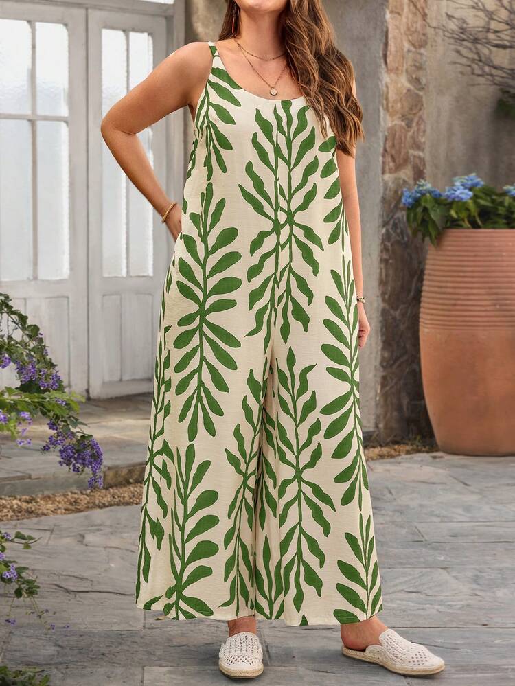 Plus Size Women's Casual Vacation Green Leaf Print Jumpsuit With Pockets, Spring/Summer,Plus Size Women's Summer Casual Vacation Country Leaf Print Jumpsuit With Pockets,Early Spring,Spring Break Outfits ,Vacation Outfits Women ,Holiday Outfits For Women,Spring Clothes Women,Going Out Outfits,2026 New Clothes,Simple And Fashionable For Everyday Wear,Boho Jumpsuit