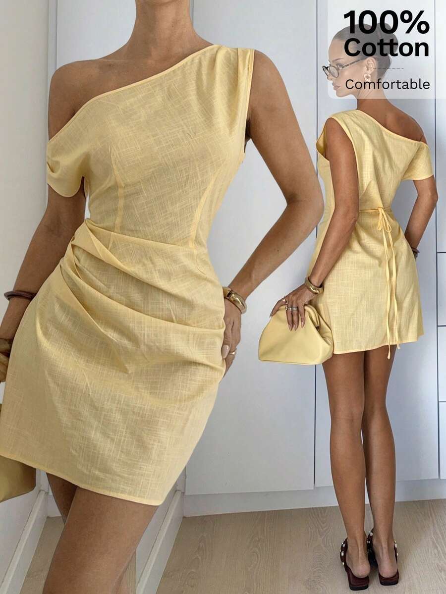 Siren Gaze Elegant Pale Yellow Cotton Bodycon Mini Dress For Women,Chic Asymmetric One-Shoulder Ruched Waist Dress,Summer Vacation Beach & Party Cocktail Wear - Apricot - View 1