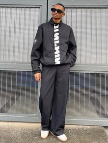 Ngobest Haus Ngobest Haus 男士长袖休闲百搭运动立领夹克，大号印花图案，情侣款，大口袋，秋冬拉链夹克，防风夹克，街头风科技夹克 - 黑色 - 查看 1