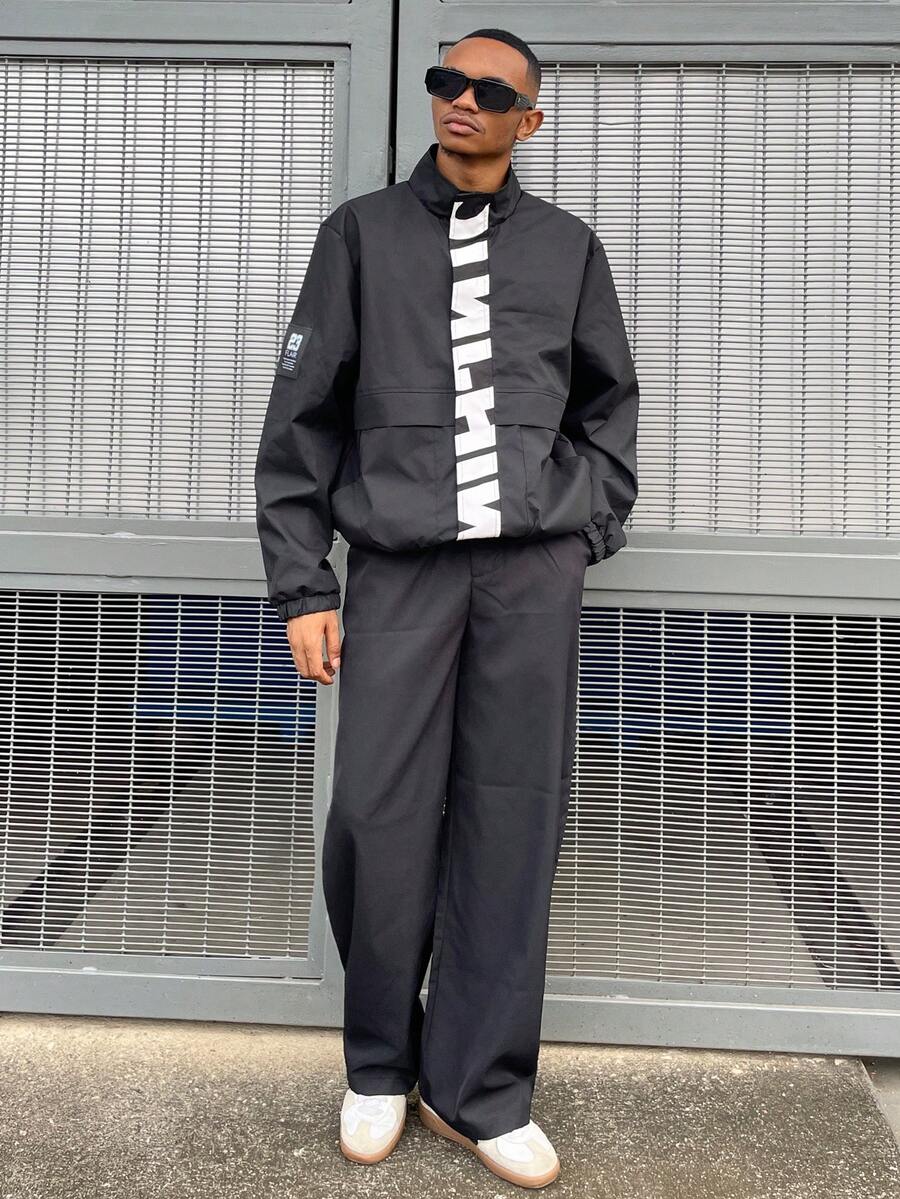 Ngobest Haus Ngobest Haus 男士长袖休闲百搭运动立领夹克，大号印花图案，情侣款，大口袋，秋冬拉链夹克，防风夹克，街头风科技夹克 - 黑色 - 查看 1