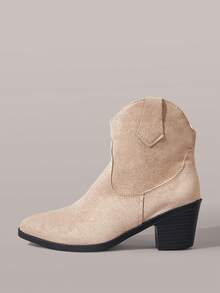 Styleloop 女士暗黑朋克哥特风靴，白色刺绣西部皮革尖头粗跟V型开口骑马中筒靴 - 卡其色 - 查看 3