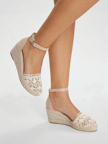 Styleloop Women's Wedge & Platform Sandals, Hollow Floral Pattern, Summer Bohemian Holiday Sandals, Woven Rope Roman Beach Sandals With Criss-Cross Straps, Suitable For Holiday Season, Spring/Summer, Bohemian & Resort Style - Apricot - View 5