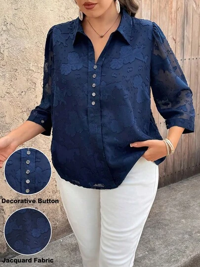 EMERY ROSE 大码女式纯色雪纺提花V领七分袖纽扣装饰休闲衬衫