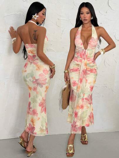 SHEIN PETITE Đầm mini dáng chữ A thanh lịch, hở lưng, in họa tiết hoa tử đằng, điểm nhấn nơ, thích hợp cho những buổi hẹn hò lãng mạn, tiệc tùng, các sự kiện trang trọng, đầm phù dâu, đầm sinh nhật, mùa xuân/hè.