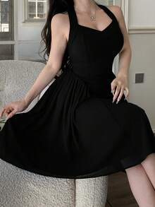 Women's Solid Color Pleated Elegant Waist Midi Dress, Suitable For Dates And Parties - Black - View 7