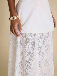 SHEIN BAE Women's White Strapless Contrast Lace Dress, Casual Minimalist Elegant Vacation Dress - White - View 6