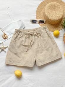 Comfortcana 女士卡其色腰带口袋阔腿宽松休闲短裤 - 卡其色 - 查看 3