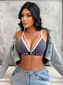 Women's Letter Trim Hollow Wireless Comfortable Bra - Grey - View 1