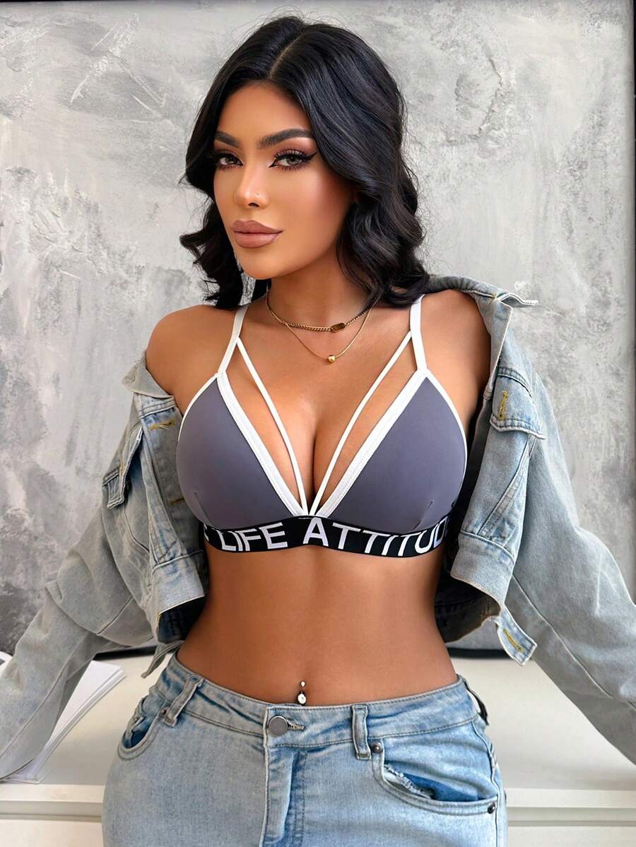 Women's Letter Trim Hollow Wireless Comfortable Bra - Grey - View 1