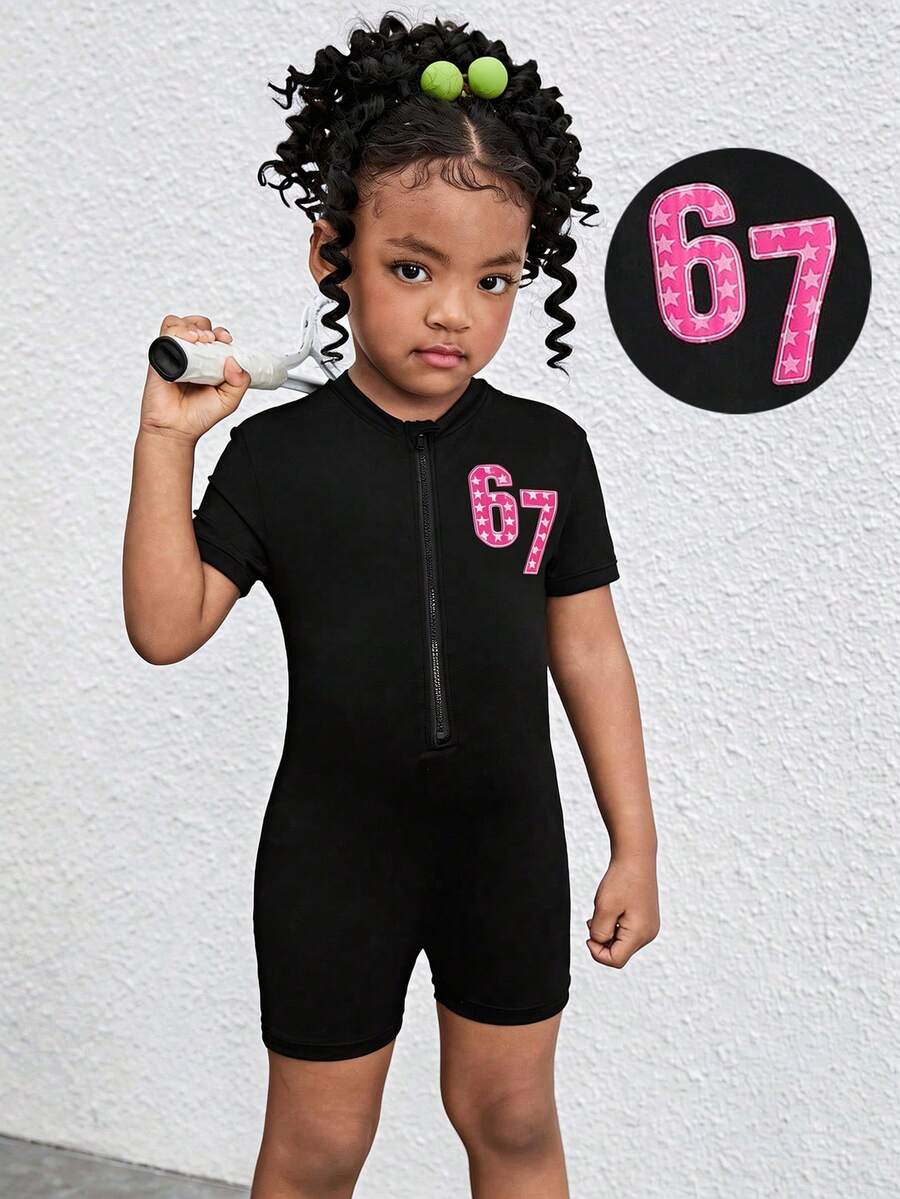 SHEIN Young Girl Solid Color Knit Mock Neck Half-Zip Fitted Casual Jumpsuit Activewear,Kids - Black - View 1