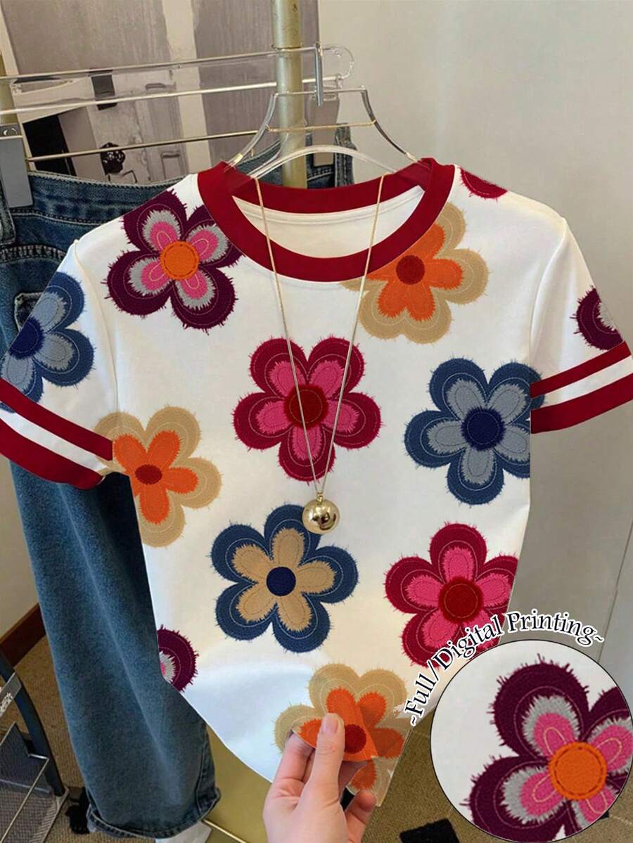 Áo thun ngắn tay màu đỏ kiểu vintage dễ thương dành cho bé gái tuổi teen, chất liệu vải dệt họa tiết hoa, thích hợp cho mùa hè, mặc hàng ngày, đi học, mặc cùng chị em gái, đi nghỉ mát, ngày Valentine. - Nhiều màu - Xem 1