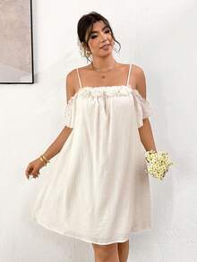 Lounesse Vestido de hombros descubiertos talla grande para mujer, vestido versátil y romántico para vacaciones, vestido blanco de verano para mujer, vestido de playa, vestido de resort para mujer, vestido bohemio para mujer - Beis - Ver 5
