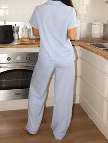 Blue Striped Short Sleeve & Pants Women Pajama Set - Multicolor - View 2