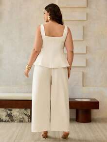 Roveilla Bộ đồ 2 mảnh cỡ lớn dành cho nữ: Áo croptop không tay cổ tim khoét eo và quần ống rộng cạp chun, kiểu dáng Pháp cổ điển thanh lịch, phù hợp đi làm, công sở, đi biển, dạo phố, mùa xuân/hè, đám cưới, tiệc tùng. - Màu be - Xem 7