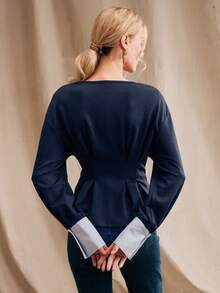 Anewsta 女士秋季条纹拼接卫衣，褶裥腰部设计，优雅套头衫 - 藏蓝色 - 查看 2