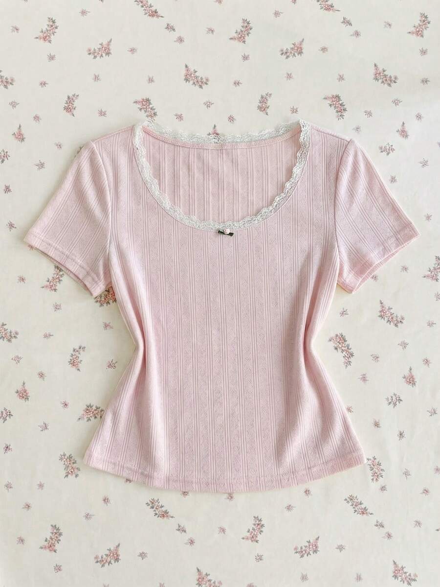 Women's Casual Pink Heart Striped Ruffle Floral Short Sleeve T-Shirt, Sweet And Versatile For Daily Wear, Summer - Baby Pink - View 1
