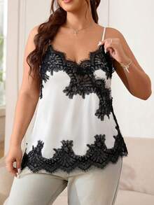 SHEIN EZwear 2026春夏新款休闲吊带背心，适合外出、日常、派对、约会、生日、音乐节、通勤、居家穿着，缎面拼接蕾丝，丝滑柔软，宽松版型，黑色，大码 - 白色 - 查看 4