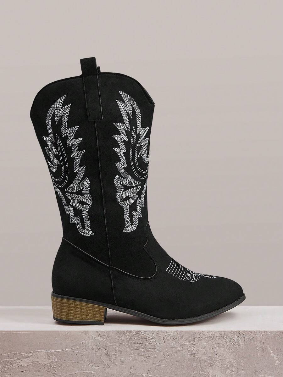 Styleloop Botas femininas de cano médio, estilo boêmio, retrô americano, boho, estilo western, perfeitas para o Festival de Música Coachella e para festas. - Pano preto - Ver 1