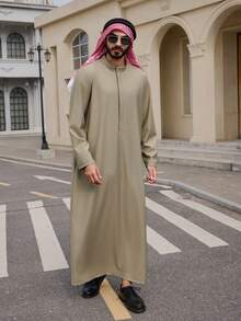 DAZY Men's Long Gray Half-Placket Middle Eastern Style Robe Shirt, Spring Summer - Grey - View 7