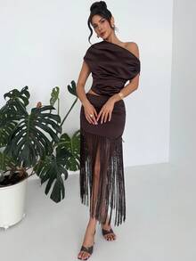 Firerie Women's Elegant Minimalist Dignified Fashion Refined Modern Commute Casual New Style Fashionable Vacation Ruffle Shoulder Short T-Shirt Top - Brown - View 4