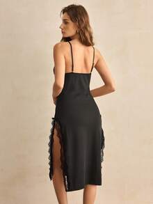 Charlaine Black Lace Patchwork Women's Long Slim Fit Camisole Nightgown - Black - View 3