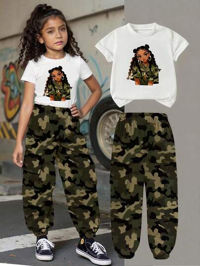 SHEIN 2pcs/Set Young Girl Casual Camouflage Print Short Sleeve T-Shirt And Cargo Pants, Suitable For Summer, Spring, Autumn, Fashionable Outfit For Little Girls, Outdoor, School, Party, Gift