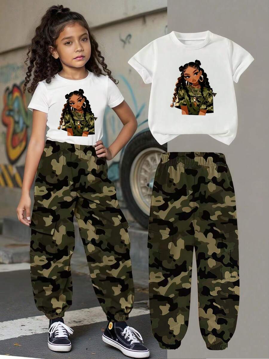 SHEIN 2pcs/Set Young Girl Camouflage Print Short Sleeve T-Shirt And Cargo Pants, Summer, Career Day, Back-To-School Fashionable Outfit , White - Multicolor - View 1