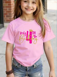 SHEIN GraphicGems Young Girls' T-Shirt / Young Girls' Letter & Graphic Round Neck Short Sleeve T-Shirt, Cute 4th Birthday Theme Pink T-Shirt, Ideal Choice For Young GirlFashionable & Adorable Birthday T-Shirt, Suitable For All Seasons, Cute Birthday Party T-Shirt, Pink T-Shirt - Pink - View 2