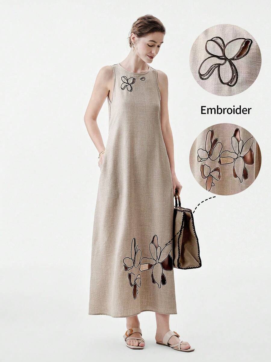 Aalyst Women's Spring/Summer Casual Elegant Linen-Look Sleeveless Belted Dress With Embroidery, Suitable For Outings, Dates, New Year, Valentine's Day, Easter, Mother's Day, Middle Eastern Weddings, Commuting, Romantic Vacations, Khaki With Pockets - Khaki - View 1