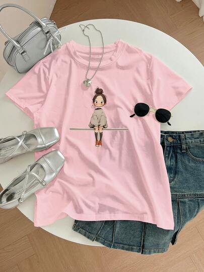 Women's Casual Cartoon Print Round Neck Short Sleeve T-Shirt, Versatile For Daily Wear