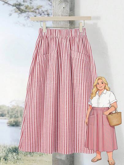 EMERY ROSE Plus Size Striped Print Pocket Casual Versatile Skirt\Summer\Vacation