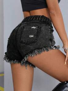 Jeanoix Shorts informales y versátiles de verano con efecto desgastado - Gris Oscuro - Ver 2