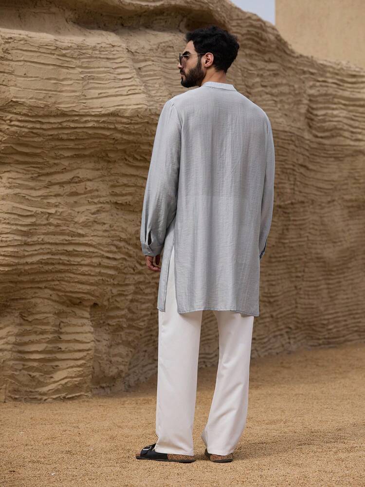 Light Grey Mid-Length Long Sleeve Shirt With Collar Decor Design For Men, Spring/Summer