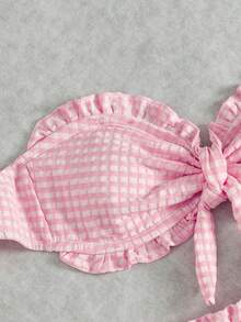 Swim Mod Women's Pink Sweet Bikini 2-Piece Set, Featuring Textured Bubble Fabric, Bow Accent At Bust, High-Waisted Ruffled Hem, Retro Houndstooth Pattern, Halter Neck And Back Tie Design, Cute And Energetic For Beach, Pool Party, Valentine's Day - Pink - View 7