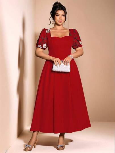 Elenzga Plus Size Women Square Neck Puff Sleeve Embroidered Waist Pleated Solid Color Dress, Birthday Dresses, Business Casual Spring Dress, Summer Women Outfit, Elegant Formal Women Dresses, Evening Dress, Romantic Dress