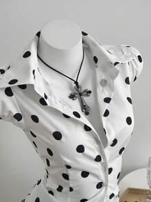 Elamini 女士甜辣波点印花系带腰身花瓣袖短袖衬衫，夏季 - 白色 - 查看 6