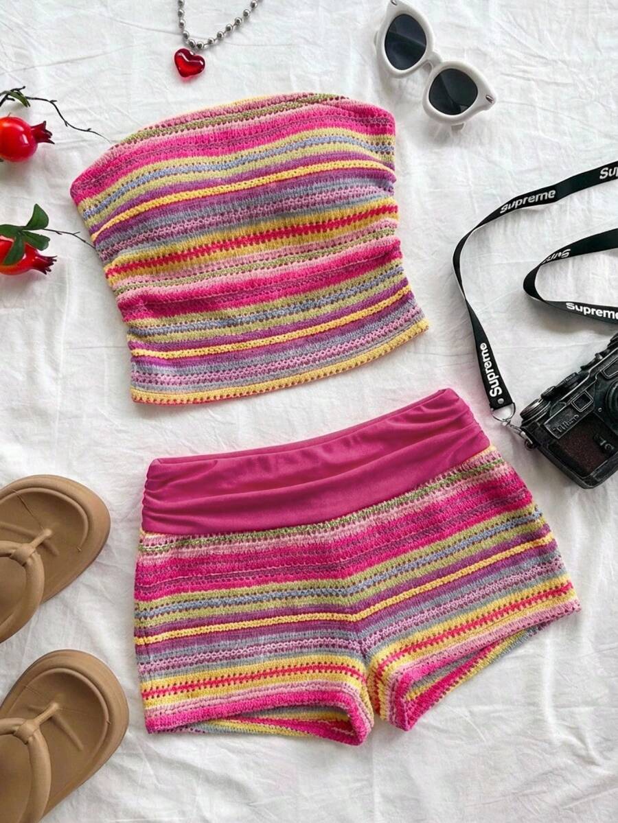 SHEIN Tween Girl Matching Casual Minimalist Comfortable Colorful Striped Tank Top And Shorts Set,Kids - Hot Pink - View 1