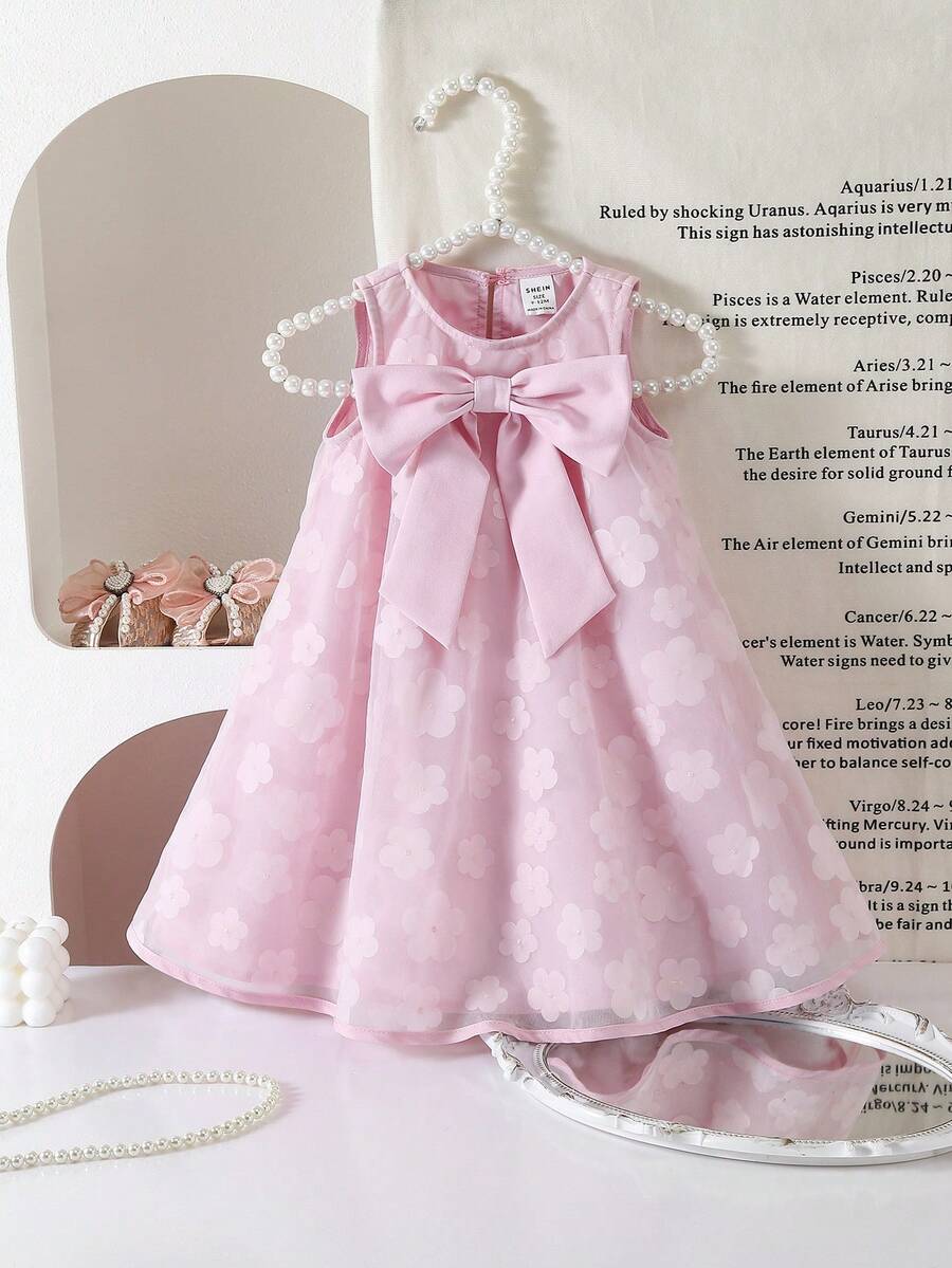 SHEIN 女婴立领网纱镂空宽松休闲连衣裙 - 粉色 - 查看 1