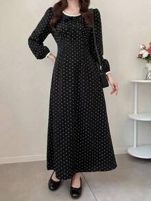 FRIFUL Patchwork Contrast Color Lace Trim Long Sleeve Cinched Waist Polka Dot Sweet Casual Versatile Dress Sundress - Black - View 5