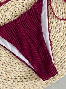 SHEIN Swim Basics Summer Beach Ladies' Halter Neck Fashionable Separable Bikini Set With Special Fabric Two Pieces Bikinitop Bikinimicro Bikini Set - Burgundy - View 3