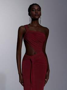 Elitara Elegant Luxury Cream Satin One-Shoulder Eyelash Collar Ruched Waist Splice Fishtail Hem Dress, Suitable For Festivals, Weddings, Galas, Concerts, Business Events, Influencer Activities (Adult) - Red - View 3