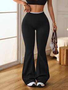 Slayform Slayform Leggings ajustados y acampanados de color contrastante, transpirables y aptos para fitness - Negro - Ver 7