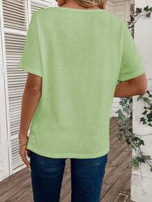 New Fashion Casual Versatile V-Neck Textured Knit Fabric Short Sleeve T-Shirt For Women - Mint Green - View 2